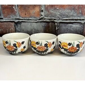 Japanese Tea Cups Sake Set of 3 Vintage Floral Orange Yellow Gold Asian
